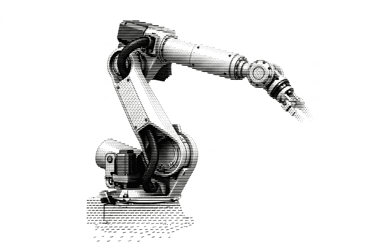Dithered illustration of a robotic arm